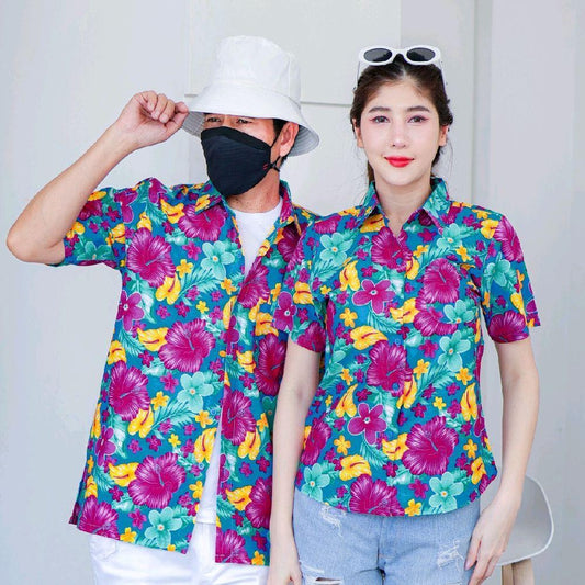PINK012 เสื้อเชิ้ตลายดอก ผ้าคอตตอน100% สีไม่ตก ผ้าไม่หด ลายคมชัด มีไซส์หญิงชาย 34-56นิ้ว งานป้ายKTIER*1ตัว*