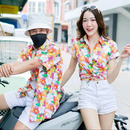 PINK026เสื้อเชิ้ตลายดอก ผ้าคอตตอน100% สีไม่ตก ผ้าไม่หด ไซส์หญิงชาย S-5XL งานป้ายKTIER**1ตัว**