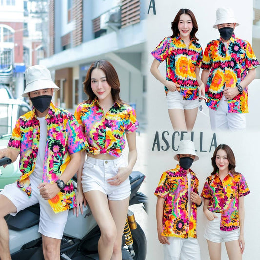 PING032เสื้อเชิ้ตลายมัดย้อม ผ้าคอตตอน100% สีไม่ตก ผ้าไม่หด ลายคมชัด มีไซส์หญิงชาย S-5XL งานป้าย**1ตัว**