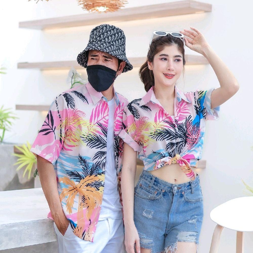 PINK3133 เสื้อฮาวาย สีสันสดใส ลายคมชัด ผ้าโพลีพรีเมี่ยม ไซส์เด็ก-ผู้ใหญ่8XL งานป้าย**1ตัว**