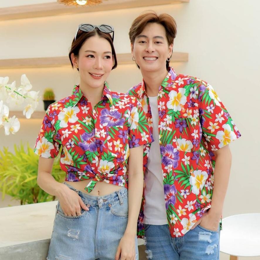 PINK06 เสื้อเชิ้ตลายดอก ผ้าคอตตอน100% สีไม่ตก ผ้าไม่หด ลายคมชัด มีไซส์หญิงชาย 34-56นิ้ว งานป้ายKTIER*1ตัว*