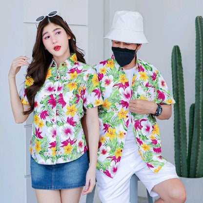 Pink04 เสื้อเชิ้ตลายดอก ผ้าคอตตอน100% สีไม่ตก ผ้าไม่หด ลายคมชัด มีไซส์หญิงชาย 34-54นิ้ว งานป้ายKTIER*1ตัว*