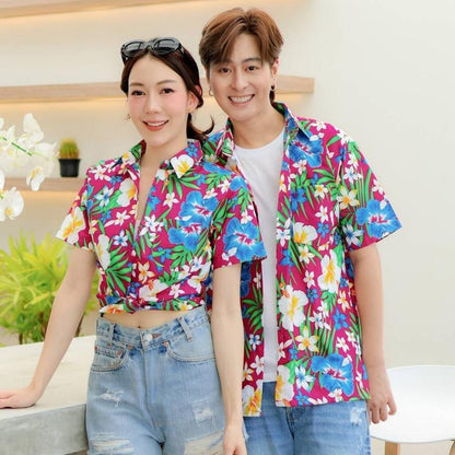PINK06 เสื้อเชิ้ตลายดอก ผ้าคอตตอน100% สีไม่ตก ผ้าไม่หด ลายคมชัด มีไซส์หญิงชาย 34-56นิ้ว งานป้ายKTIER*1ตัว*
