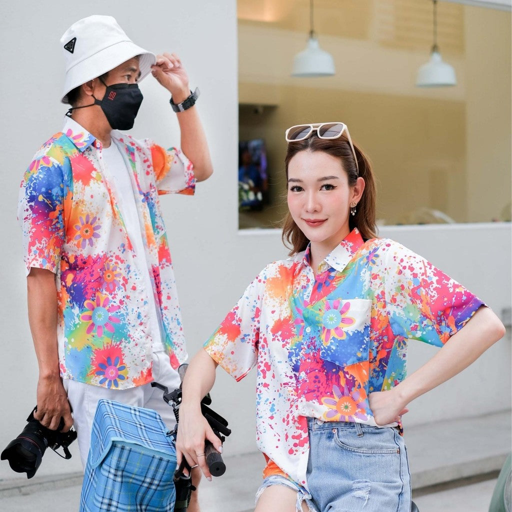 PINKเสื้อฮาวาย2025 สาดสี สีสด ทรงวัยรุ่น ใส่ได้หญิงชาย ผ้าโพลีเอสเตอร์ ใส่สบาย ผ้าไม่ยืดแนะนำเผื่อไซส์
