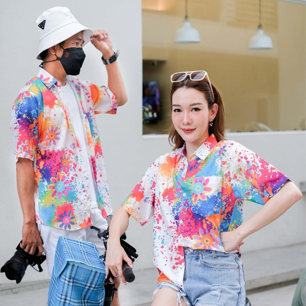 PINKเสื้อฮาวาย2025 สาดสี สีสด ทรงวัยรุ่น ใส่ได้หญิงชาย ผ้าโพลีเอสเตอร์ ใส่สบาย ผ้าไม่ยืดแนะนำเผื่อไซส์