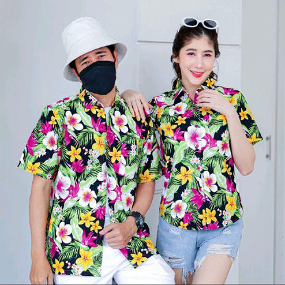 Pink04 เสื้อเชิ้ตลายดอก ผ้าคอตตอน100% สีไม่ตก ผ้าไม่หด ลายคมชัด มีไซส์หญิงชาย 34-54นิ้ว งานป้ายKTIER*1ตัว*