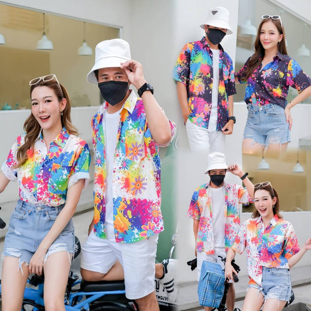 PINKเสื้อฮาวาย2025 สาดสี สีสด ทรงวัยรุ่น ใส่ได้หญิงชาย ผ้าโพลีเอสเตอร์ ใส่สบาย ผ้าไม่ยืดแนะนำเผื่อไซส์