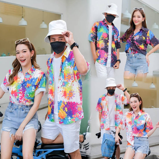 PINKเสื้อฮาวาย2025 สาดสี สีสด ทรงวัยรุ่น ใส่ได้หญิงชาย ผ้าโพลีเอสเตอร์ ใส่สบาย ผ้าไม่ยืดแนะนำเผื่อไซส์