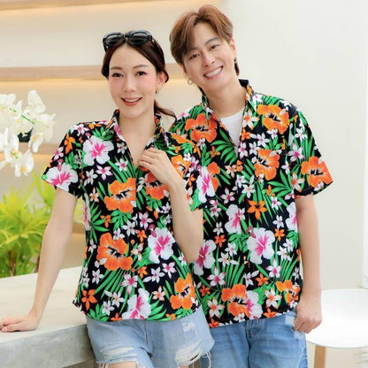 PINK06 เสื้อเชิ้ตลายดอก ผ้าคอตตอน100% สีไม่ตก ผ้าไม่หด ลายคมชัด มีไซส์หญิงชาย 34-56นิ้ว งานป้ายKTIER*1ตัว*