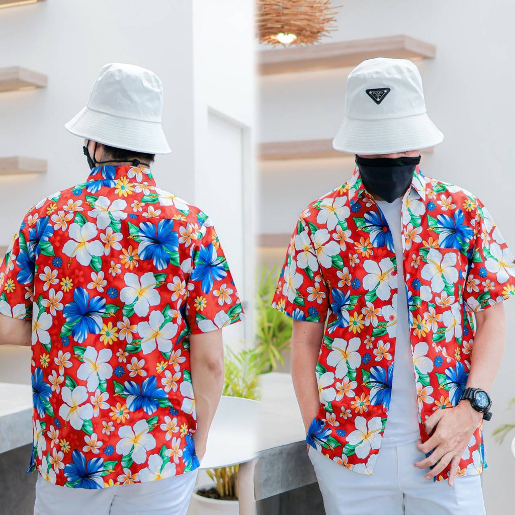 PINKเสื้อเชิ้ตลายดอกผู้ชาย ทรงตรง ผ้าคอตตอน100% สีไม่ตก ผ้าไม่หด ลายคมชัด งานป้าย