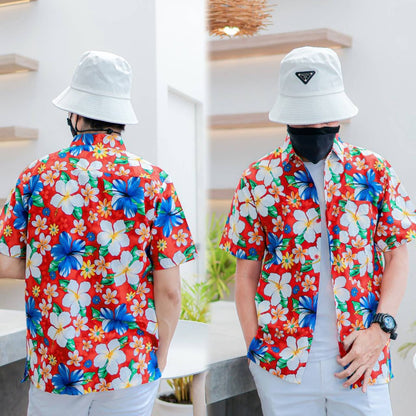 PINKเสื้อเชิ้ตลายดอกผู้ชาย ทรงตรง ผ้าคอตตอน100% สีไม่ตก ผ้าไม่หด ลายคมชัด งานป้าย
