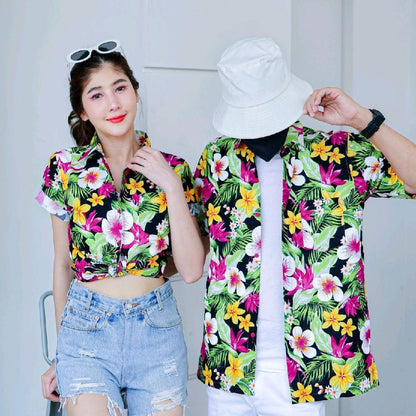 Pink04 เสื้อเชิ้ตลายดอก ผ้าคอตตอน100% สีไม่ตก ผ้าไม่หด ลายคมชัด มีไซส์หญิงชาย 34-54นิ้ว งานป้ายKTIER*1ตัว*