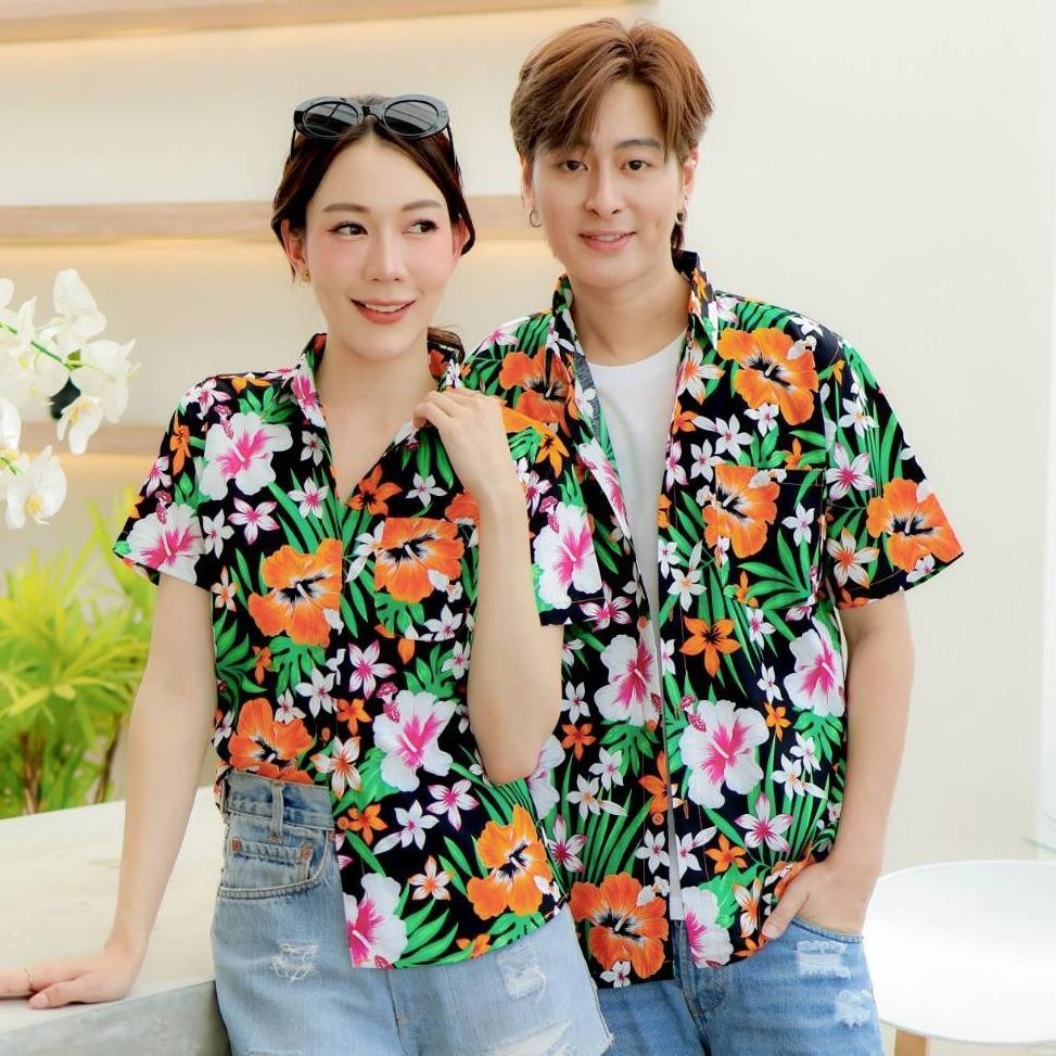 PINK06 เสื้อเชิ้ตลายดอก ผ้าคอตตอน100% สีไม่ตก ผ้าไม่หด ลายคมชัด มีไซส์หญิงชาย 34-56นิ้ว งานป้ายKTIER*1ตัว*