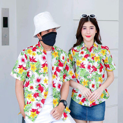 Pink04 เสื้อเชิ้ตลายดอก ผ้าคอตตอน100% สีไม่ตก ผ้าไม่หด ลายคมชัด มีไซส์หญิงชาย 34-54นิ้ว งานป้ายKTIER*1ตัว*