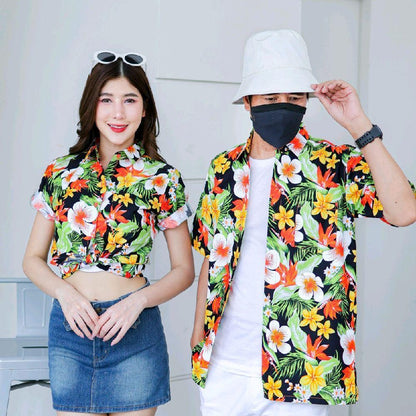 Pink04 เสื้อเชิ้ตลายดอก ผ้าคอตตอน100% สีไม่ตก ผ้าไม่หด ลายคมชัด มีไซส์หญิงชาย 34-54นิ้ว งานป้ายKTIER*1ตัว*