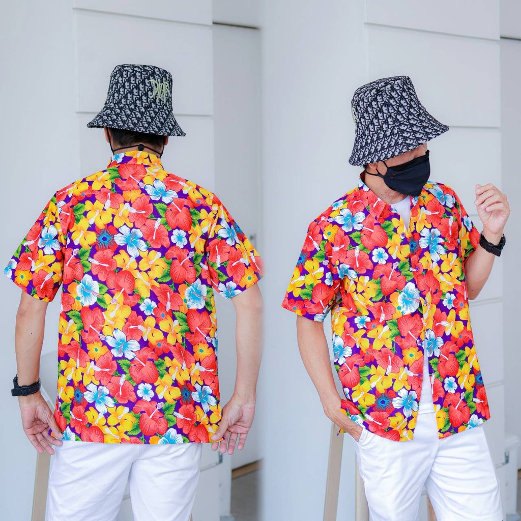 PINKเสื้อเชิ้ตลายดอกผู้ชาย ทรงตรง ผ้าคอตตอน100% สีไม่ตก ผ้าไม่หด ลายคมชัด งานป้าย