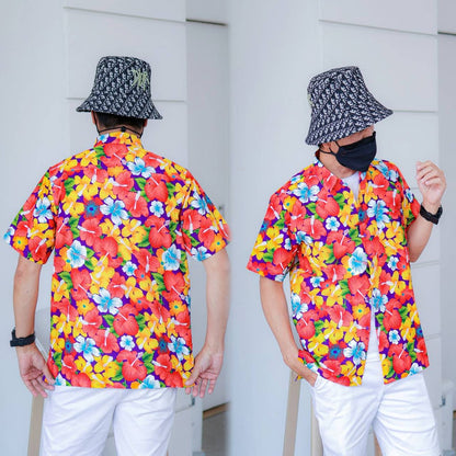 PINKเสื้อเชิ้ตลายดอกผู้ชาย ทรงตรง ผ้าคอตตอน100% สีไม่ตก ผ้าไม่หด ลายคมชัด งานป้าย