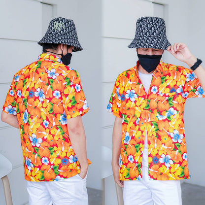 PINKเสื้อเชิ้ตลายดอกผู้ชาย ทรงตรง ผ้าคอตตอน100% สีไม่ตก ผ้าไม่หด ลายคมชัด งานป้าย
