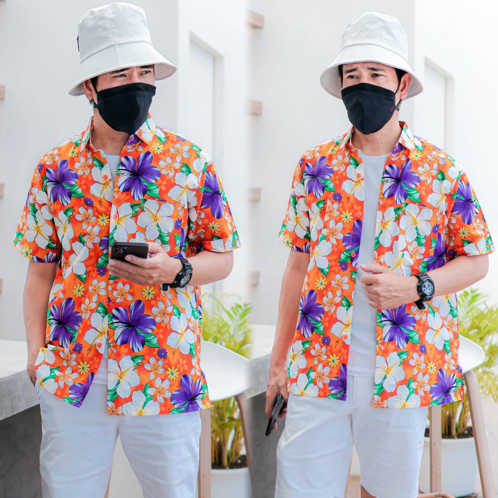 PINKเสื้อเชิ้ตลายดอกผู้ชาย ทรงตรง ผ้าคอตตอน100% สีไม่ตก ผ้าไม่หด ลายคมชัด งานป้าย