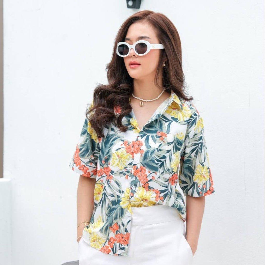Pink3330เสื้อฮาวาย ไซส์เด็ก-ผู้ใหญ่8XL ครบทีม ผ้าโพลีพลีเมี่ยม ทรงวัยรุ่น หญิงชายใส่ได้ ลายดอก คมชัด **1ตัว**