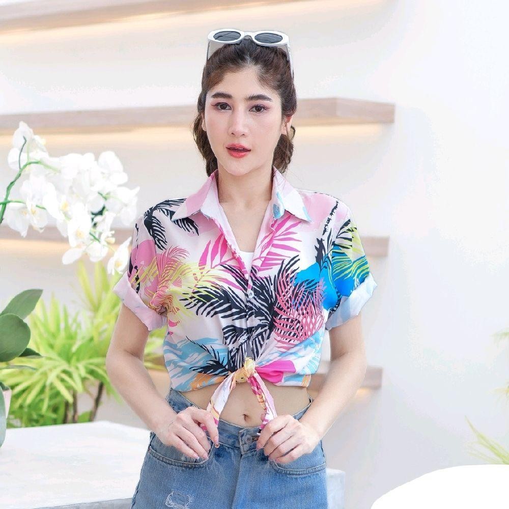 PINK3133 เสื้อฮาวาย สีสันสดใส ลายคมชัด ผ้าโพลีพรีเมี่ยม ไซส์เด็ก-ผู้ใหญ่8XL งานป้าย**1ตัว**