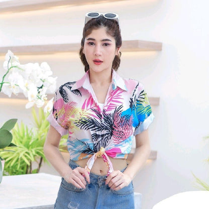 PINK3133 เสื้อฮาวาย สีสันสดใส ลายคมชัด ผ้าโพลีพรีเมี่ยม ไซส์เด็ก-ผู้ใหญ่8XL งานป้าย**1ตัว**