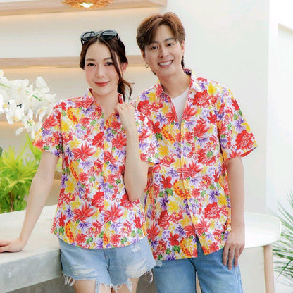 PINK013 เสื้อเชิ้ตลายดอก ผ้าคอตตอน100% สีไม่ตก ผ้าไม่หด ลายคมชัด มีไซส์หญิงชาย S-5XL งานป้าย KTIER*1ตัว*