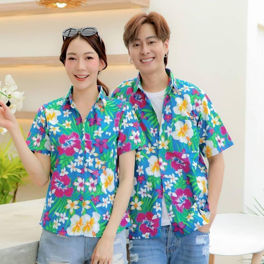 PINK06 เสื้อเชิ้ตลายดอก ผ้าคอตตอน100% สีไม่ตก ผ้าไม่หด ลายคมชัด มีไซส์หญิงชาย 34-56นิ้ว งานป้ายKTIER*1ตัว*