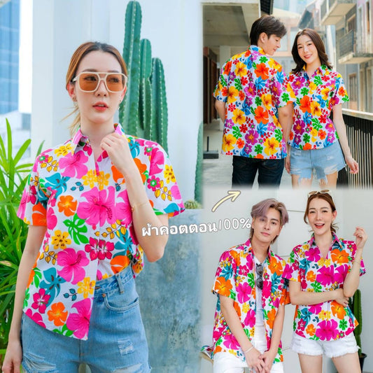 Pink02 เสื้อเชิ้ตลายดอก ผ้าคอตตอน100% สีไม่ตก ผ้าไม่หด มีไซส์หญิงชาย S-6XL งานป้ายKTIERออกแบบเอง*1ตัว*