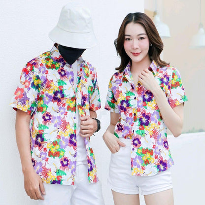 PINK026เสื้อเชิ้ตลายดอก ผ้าคอตตอน100% สีไม่ตก ผ้าไม่หด ไซส์หญิงชาย S-5XL งานป้ายKTIER**1ตัว**