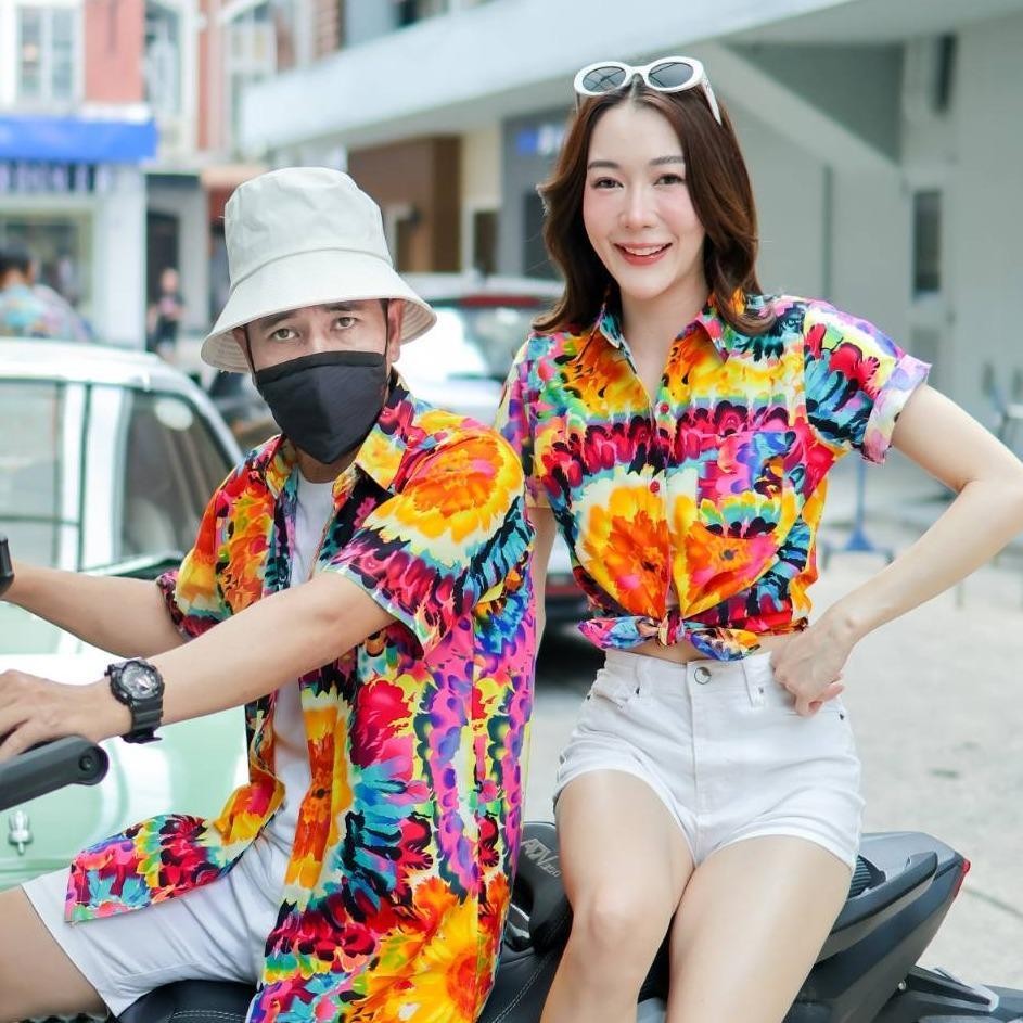PING032เสื้อเชิ้ตลายมัดย้อม ผ้าคอตตอน100% สีไม่ตก ผ้าไม่หด ลายคมชัด มีไซส์หญิงชาย S-5XL งานป้าย**1ตัว**