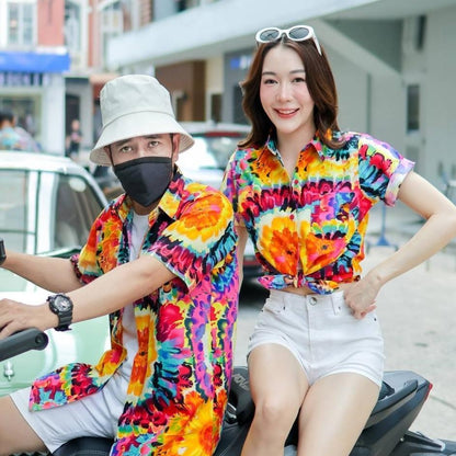 PING032เสื้อเชิ้ตลายมัดย้อม ผ้าคอตตอน100% สีไม่ตก ผ้าไม่หด ลายคมชัด มีไซส์หญิงชาย S-5XL งานป้าย**1ตัว**