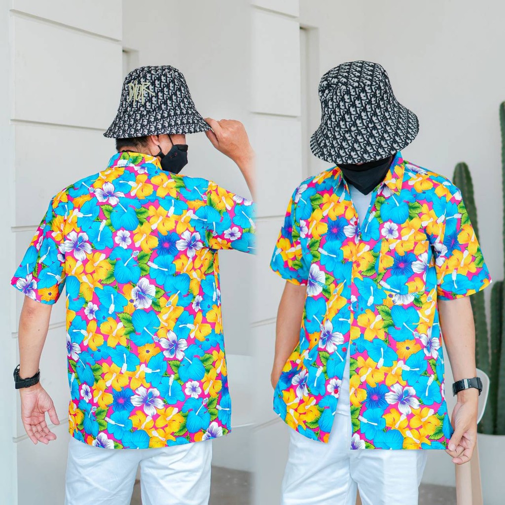 PINKเสื้อเชิ้ตลายดอกผู้ชาย ทรงตรง ผ้าคอตตอน100% สีไม่ตก ผ้าไม่หด ลายคมชัด งานป้าย