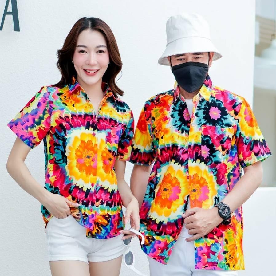 PING032เสื้อเชิ้ตลายมัดย้อม ผ้าคอตตอน100% สีไม่ตก ผ้าไม่หด ลายคมชัด มีไซส์หญิงชาย S-5XL งานป้าย**1ตัว**