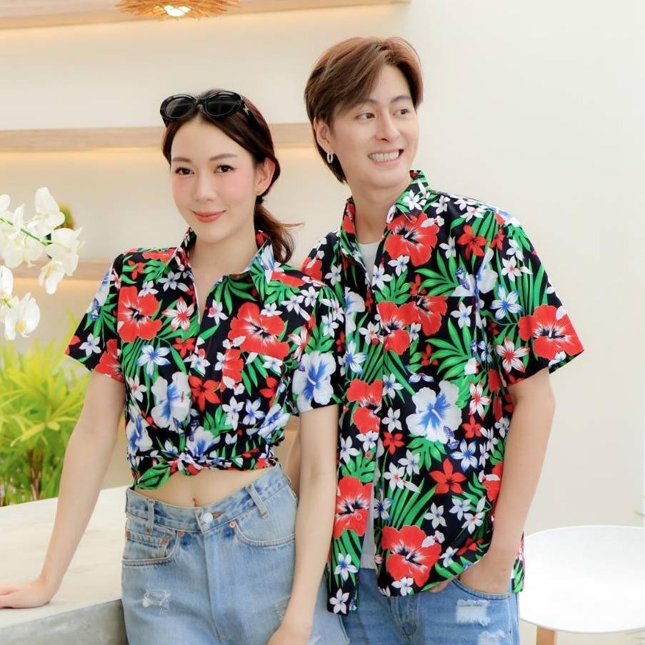 PINK06 เสื้อเชิ้ตลายดอก ผ้าคอตตอน100% สีไม่ตก ผ้าไม่หด ลายคมชัด มีไซส์หญิงชาย 34-56นิ้ว งานป้ายKTIER*1ตัว*