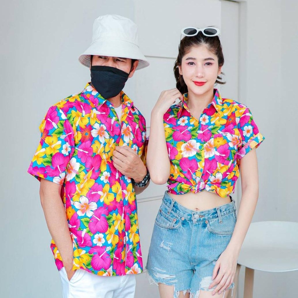 PINK016 เสื้อเชิ้ตลายดอก ผ้าคอตตอน100% สีไม่ตก ผ้าไม่หด ลายคมชัด มีไซส์หญิงชาย S-5XL งานป้ายKTIER*1ตัว*