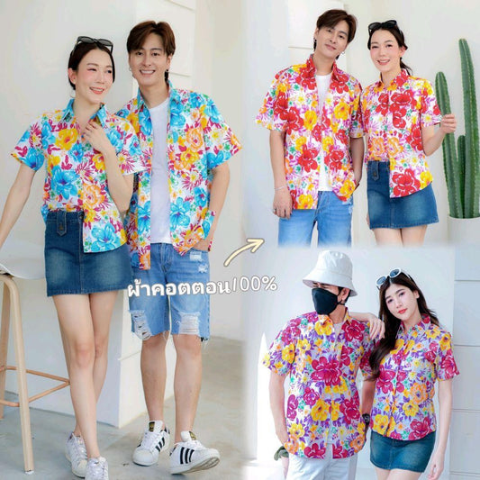 Pink011 เสื้อเชิ้ตลายดอก ผ้าคอตตอน100% สีไม่ตก ผ้าไม่หด ลายคมชัด มีไซส์หญิงชาย 34-56นิ้ว งานป้ายKTIER*1ตัว*