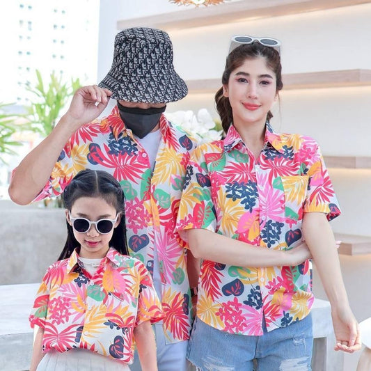 PINK3901# เสื้อฮาวาย ทรงวัยรุ่น หญิงชายใส่ได้ ผ้าโพลีพรีเมี่ยม ไซส์เด็ก-ผู้ใหญ่ งานป้าย ลายคมชัด **1ตัว**