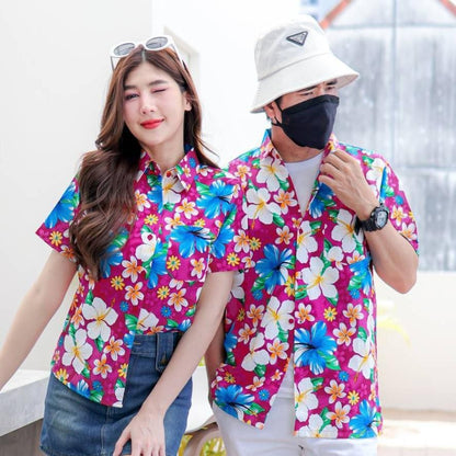 PINK018 เสื้อเชิ้ตลายดอก ผ้าคอตตอน100% สีไม่ตก ผ้าไม่หด ลายคมชัด มีไซส์หญิงชาย S-5XL งานป้ายKTIER*1ตัว*