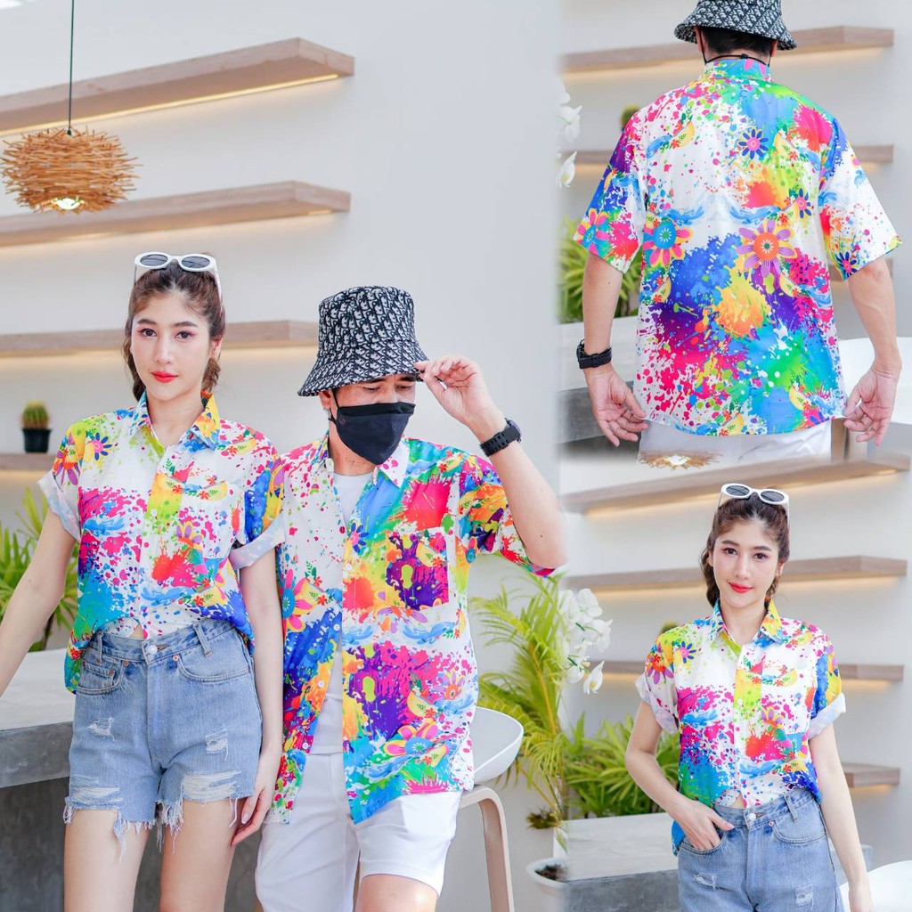 PINKเสื้อฮาวาย2025 สาดสี สีสด ทรงวัยรุ่น ใส่ได้หญิงชาย ผ้าโพลีเอสเตอร์ ใส่สบาย ผ้าไม่ยืดแนะนำเผื่อไซส์