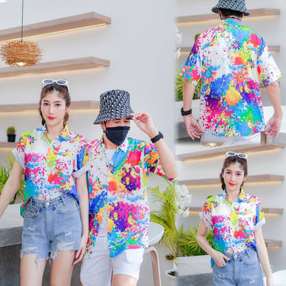 PINKเสื้อฮาวาย2025 สาดสี สีสด ทรงวัยรุ่น ใส่ได้หญิงชาย ผ้าโพลีเอสเตอร์ ใส่สบาย ผ้าไม่ยืดแนะนำเผื่อไซส์