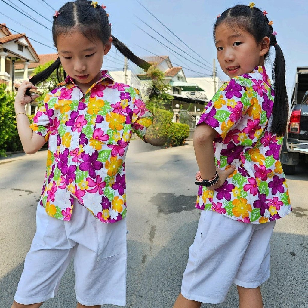 K021เสื้อสงกรานต์เด็กลายดอก ผ้าคอตตอน100% ลายคมชัดสีไม่ตก