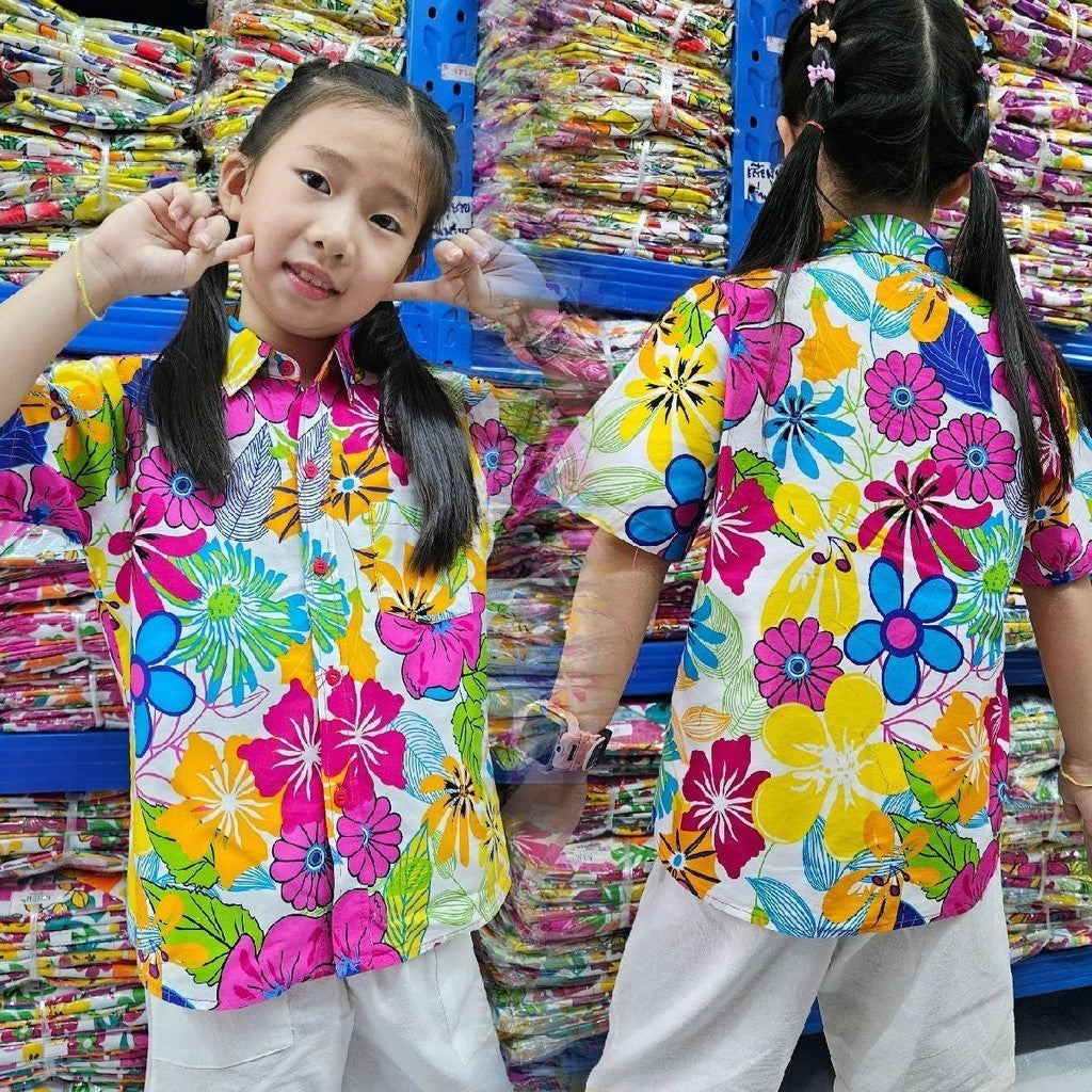 K06เสื้อสงกรานต์เด็กลายดอก ผ้าคอตตอน100% ลายคมชัดสีไม่ตก
