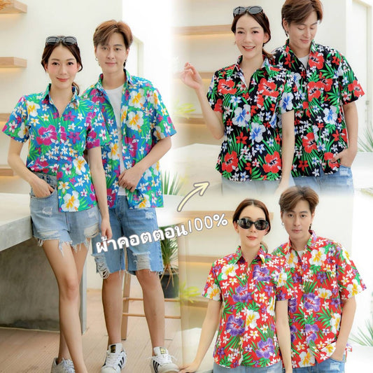 PINK06 เสื้อเชิ้ตลายดอก ผ้าคอตตอน100% สีไม่ตก ผ้าไม่หด ลายคมชัด มีไซส์หญิงชาย 34-56นิ้ว งานป้ายKTIER*1ตัว*