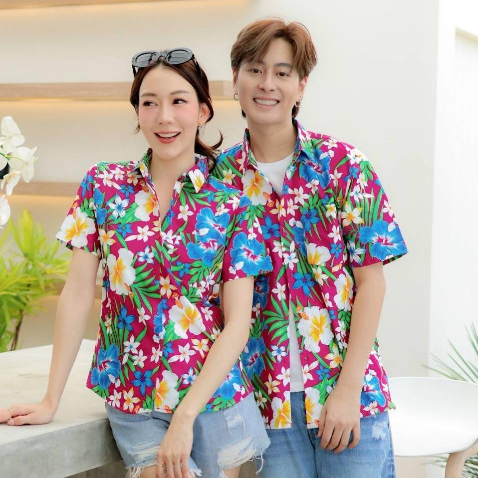 PINK06 เสื้อเชิ้ตลายดอก ผ้าคอตตอน100% สีไม่ตก ผ้าไม่หด ลายคมชัด มีไซส์หญิงชาย 34-56นิ้ว งานป้ายKTIER*1ตัว*