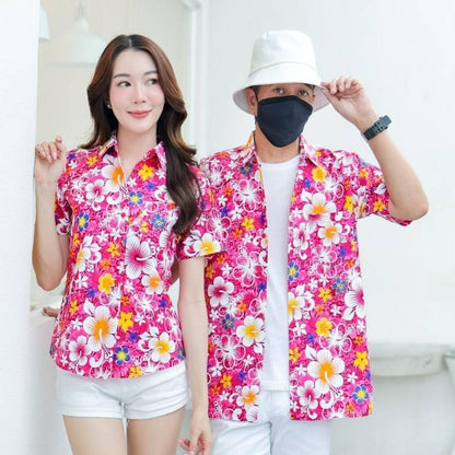 PING020เสื้อเชิ้ตลายดอกผ้าคอตตอน100% สีไม่ตก ผ้าไม่หด ลายคมชัด ไซส์หญิงชาย S-5XL งานป้าย**1ตัว**