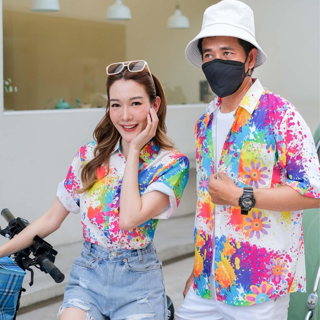 PINKเสื้อฮาวาย2025 สาดสี สีสด ทรงวัยรุ่น ใส่ได้หญิงชาย ผ้าโพลีเอสเตอร์ ใส่สบาย ผ้าไม่ยืดแนะนำเผื่อไซส์