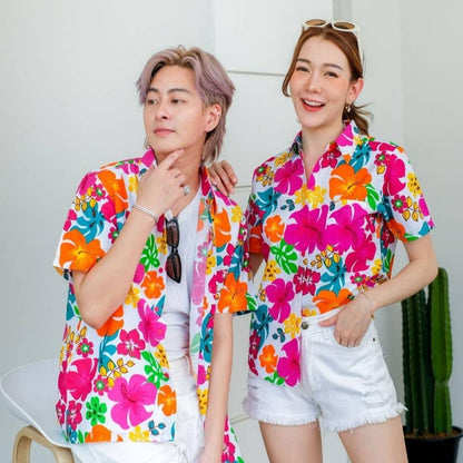 Pink02 เสื้อเชิ้ตลายดอก ผ้าคอตตอน100% สีไม่ตก ผ้าไม่หด มีไซส์หญิงชาย S-6XL งานป้ายKTIERออกแบบเอง*1ตัว*