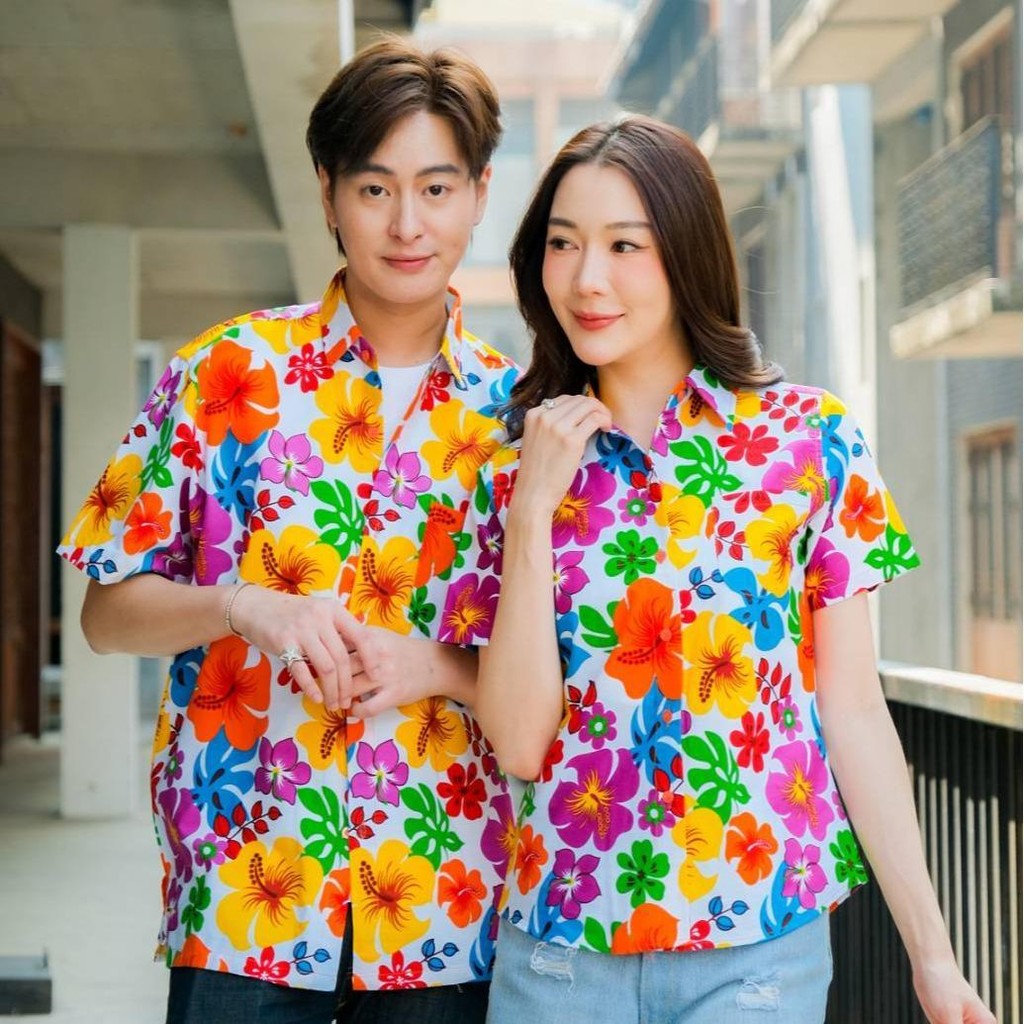 Pink02 เสื้อเชิ้ตลายดอก ผ้าคอตตอน100% สีไม่ตก ผ้าไม่หด มีไซส์หญิงชาย S-6XL งานป้ายKTIERออกแบบเอง*1ตัว*