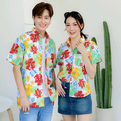 PINK017 เสื้อเชิ้ตลายดอก ผ้าคอตตอน100% สีไม่ตก ผ้าไม่หด ลายคมชัด มีไซส์หญิงชาย S-5XL  งาน   ป้ายKTIER*1ตัว*